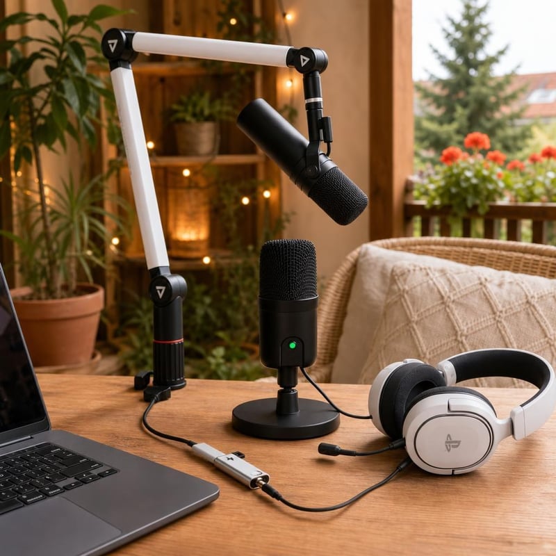 Podcast set za početnike: USB mikrofon + 360° stalak + slušalice + USB-C DAC adapter