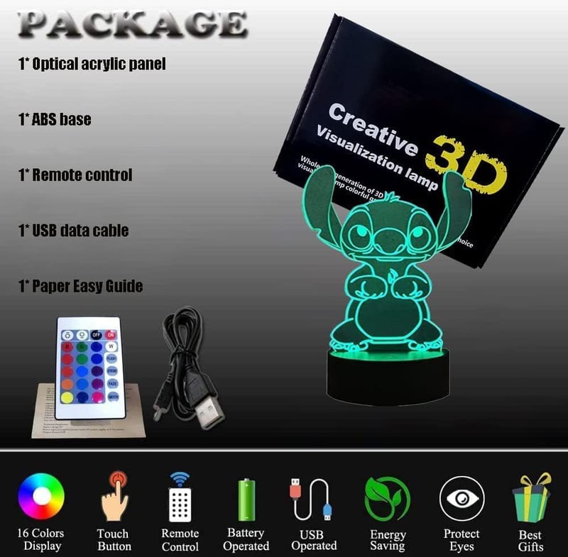 Stitch 3D LED éjjeli lámpa 16 színnel, távirányítóval - Gyerekszoba dekoráció