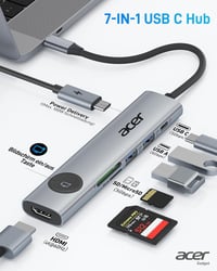 Acer 7-in-1 USB-C Hub - 4K@60Hz HDMI Adapter, 100W PD Töltés, 2 USB 3.0 Port, Kártyaolvasó, Képernyővezérlés - MacBook, Surface, iPhone Komp 2