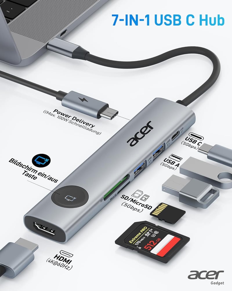 Acer 7-in-1 USB-C Hub - 4K@60Hz HDMI Adapter, 100W PD Töltés, 2 USB 3.0 Port, Kártyaolvasó, Képernyővezérlés - MacBook, Surface, iPhone Komp