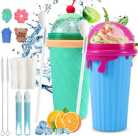 Shengruili Jégkása Készítő Pohár Szett - 2db 500ml Szilikon Nyomható Pohár Smoothie Készítéshez, Újrahasználható Jégkása Maker Szívószállal  1
