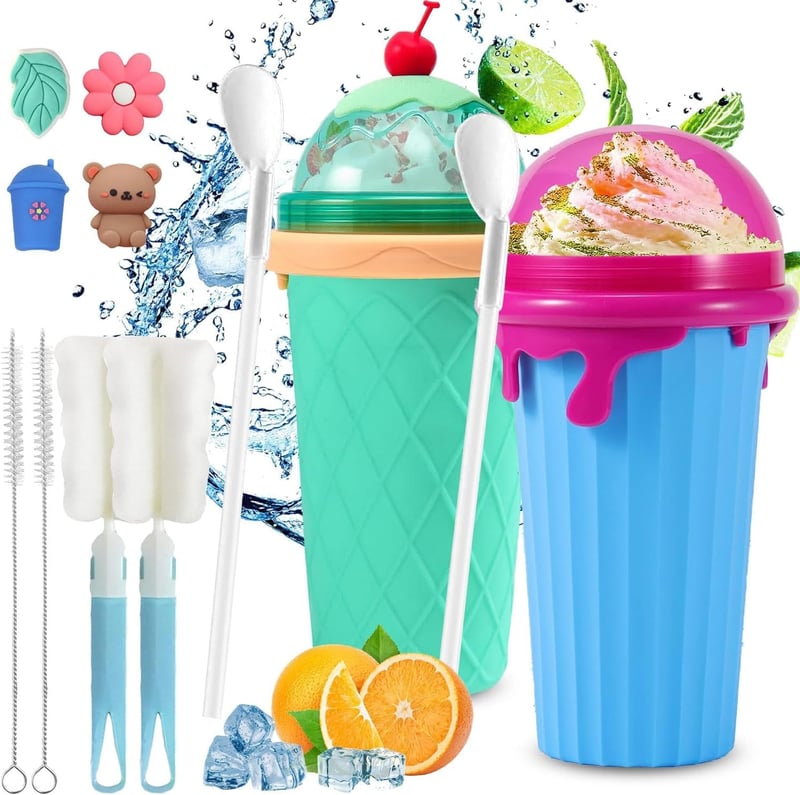 Shengruili Jégkása Készítő Pohár Szett - 2db 500ml Szilikon Nyomható Pohár Smoothie Készítéshez, Újrahasználható Jégkása Maker Szívószállal 