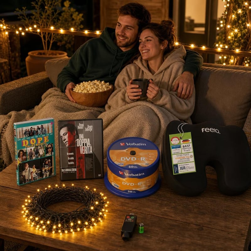 Filmest kuckócsomag: 2 db DVD-film + 50 db írható DVD-R + ortopéd ülőpárna + 10 m LED fényfüzér