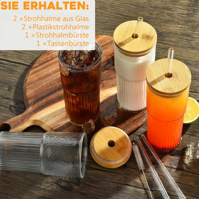 Vitever 2db-os Bubble Tea pohár szett 600ml, csíkos üveg fedéllel
