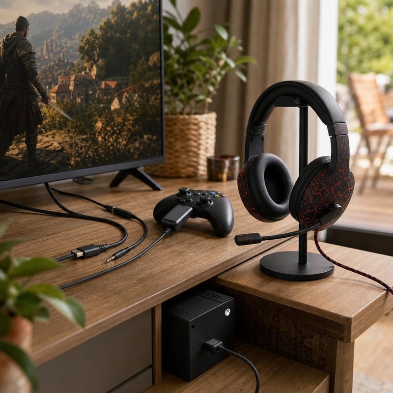 Gamer tévéállomás: HDMI 2.1 kábel + AUX hosszabbító + Xbox töltőkészlet + gamer fejhallgató + tartóállvány