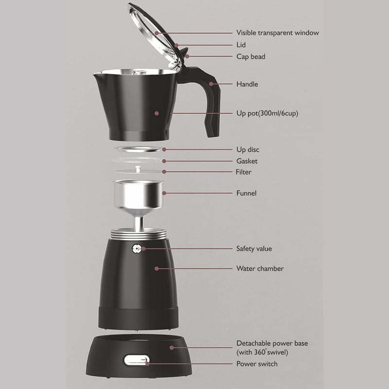 BuyWeek elektromos eszpresszó főző, 300ml, 6 csészés, fekete