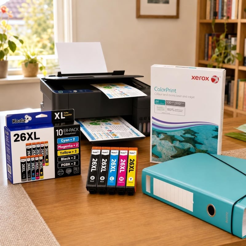 Uredski paket za ispis: 10x 26XL tinta + 5x boja + 500 listova A4 + registrator