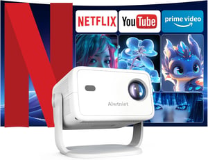 Proiector Alwtniet L018 NTV Android 13 4K cu suport Netflix, 400 ANSI luminozitate, WiFi, Bluetooth, Autofocus, Videoproiector portabil Home Cinema