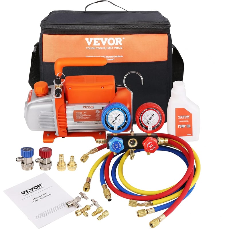 VEVOR 100L/min Vákuumszivattyú A2L Robbanásbiztos 150W 220V/50Hz Klímaszerelő Készlet Nyomásmérővel Légkondicionáló és Autóhűtő Rendszerekhe