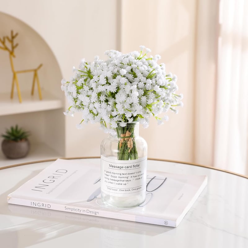 Veryhome 10 db Művirág Gypsophila Csokor - Fehér Műbabafű Dekoráció Esküvőre, Lakásba, DIY Virágkötészethez - Élethű, Tartós (Váza nélkül)