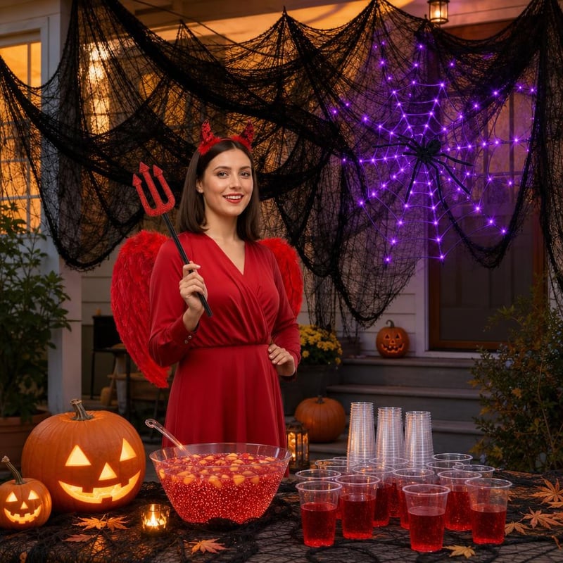 Strašidelná halloweenska párty: čierna sieť + 80 LED pavučina + čertovský set + 50 pohárov