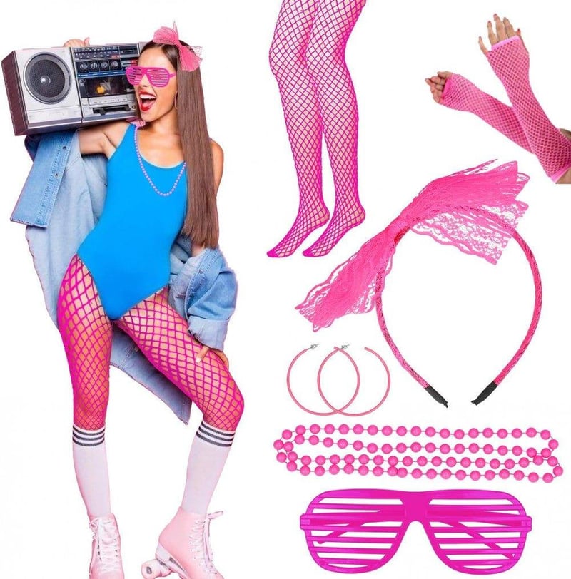 Retro 80-as 90-es évek neon party szett: fülbevaló, hálós kesztyű (6 db)