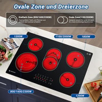AMZCHEF Beépíthető Üvegkerámia Főzőlap 77 cm - 5 Zónás, Ovális és Tripla Főzőfelülettel, 9 Teljesítményszinttel, Időzítővel, Biztonsági Zárral 2