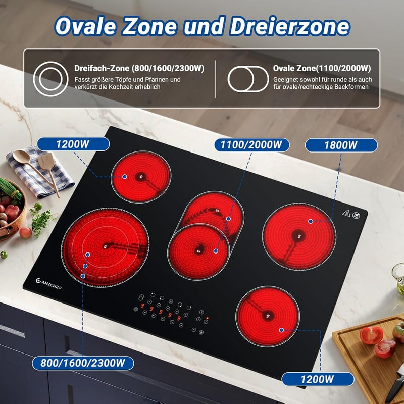 AMZCHEF Beépíthető Üvegkerámia Főzőlap 77 cm - 5 Zónás, Ovális és Tripla Főzőfelülettel, 9 Teljesítményszinttel, Időzítővel, Biztonsági Zárral