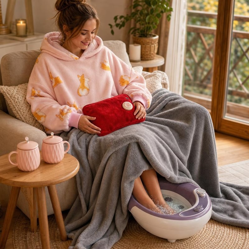 Balíček pre dokonalý relax: 1× deka + 1× termofor + 1× XL pléd + 2× šálka + 1× masážny kúpeľ na nohy