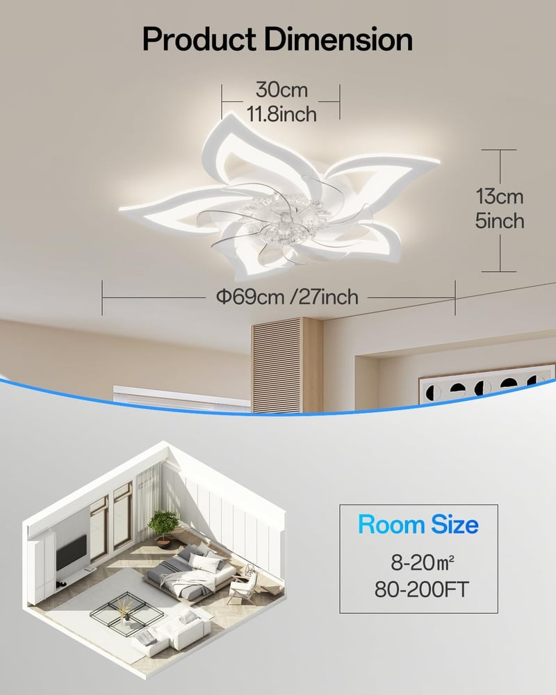 YUNLONG Mennyezeti Ventilátor Lámpával, Távirányítóval, Csendes DC Motor, 6 Fokozat, Dimmelhető