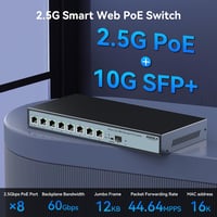Sodola 8 Port 2.5G Menedzselhető PoE Switch 120W - 1x 10G SFP+ & 4x 2.5G PoE Port, 90W Max Teljesítmény, IEEE802.3af/at/bt, Asztali & Fali H 4