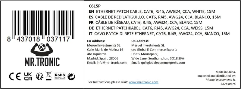 Mr. Tronic 15 méteres Cat6 Ethernet kábel, fehér, gyors internethez