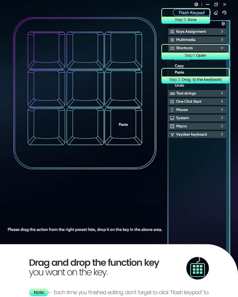 VAYDEER Makró Billentyűzet - Programozható Mini Mechanikus Gamer Keyboard 9 Egyedi Gombbal, 6 Funkcióréteggel, Windows és MacOS Kompatibilit