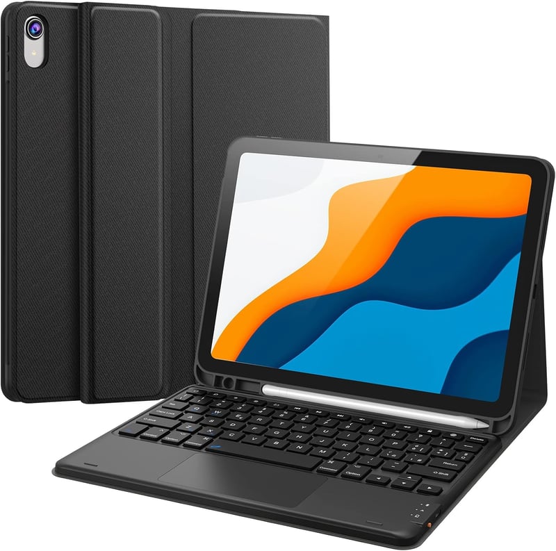 Earto iPad 10. Generációs Tok QWERTY Bluetooth Billentyűzettel és Touchpaddel - 10.9" (2022) - Levehető Billentyűzet, Apple Pencil Tartó, Fe