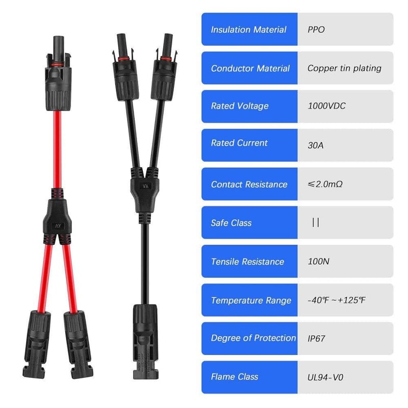 Napelemes Y-adapter kábel, 30A, piros-fekete - PV rendszerekhez