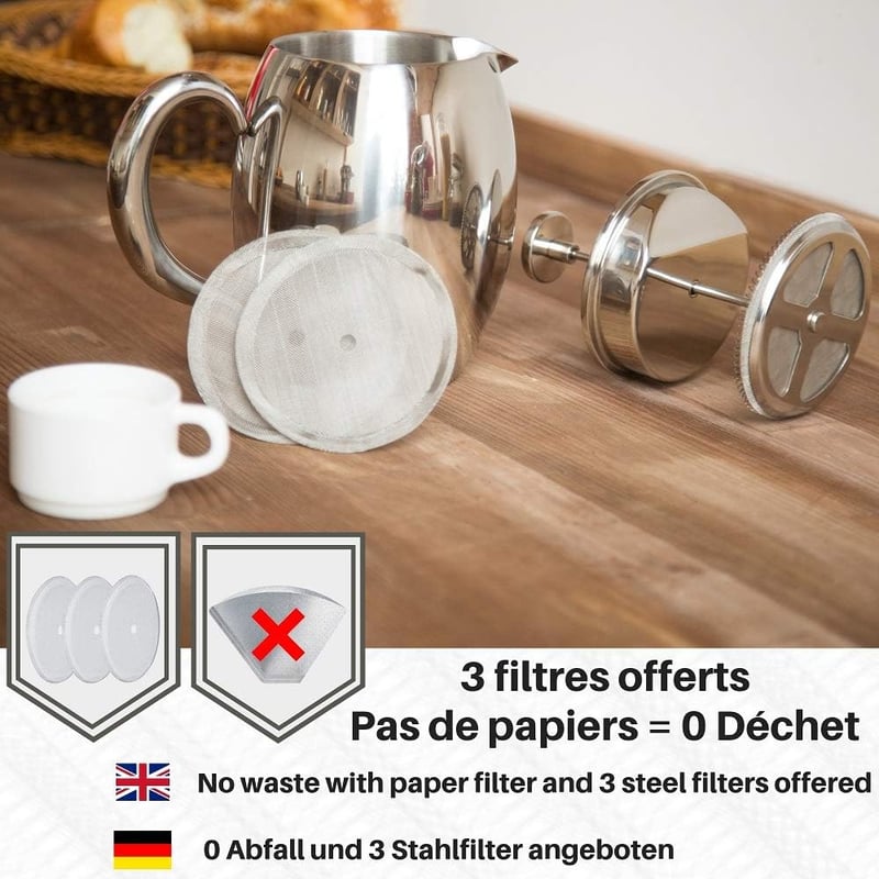 VeoHome Duplafalú Francia Kávéprés - Törhetetlen, 0,75L, Melegen Tartó