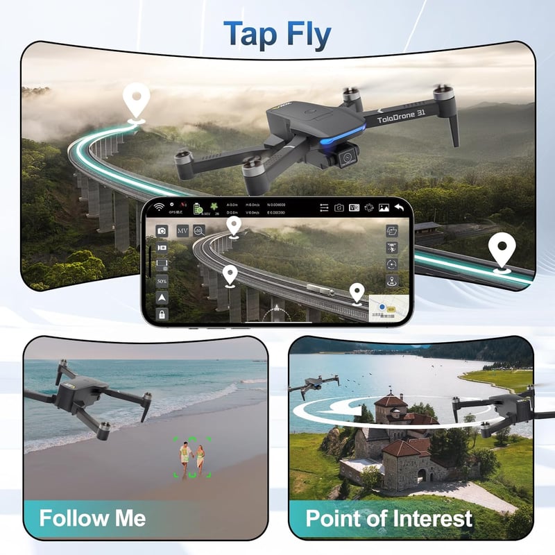 Toladrone TD31GPS 4K Kamerás Drón GPS-szel, 5G WiFi FPV, Követés Funkcióval, Kefenélküli Motorral, Automatikus Visszatéréssel - Kezdőknek és