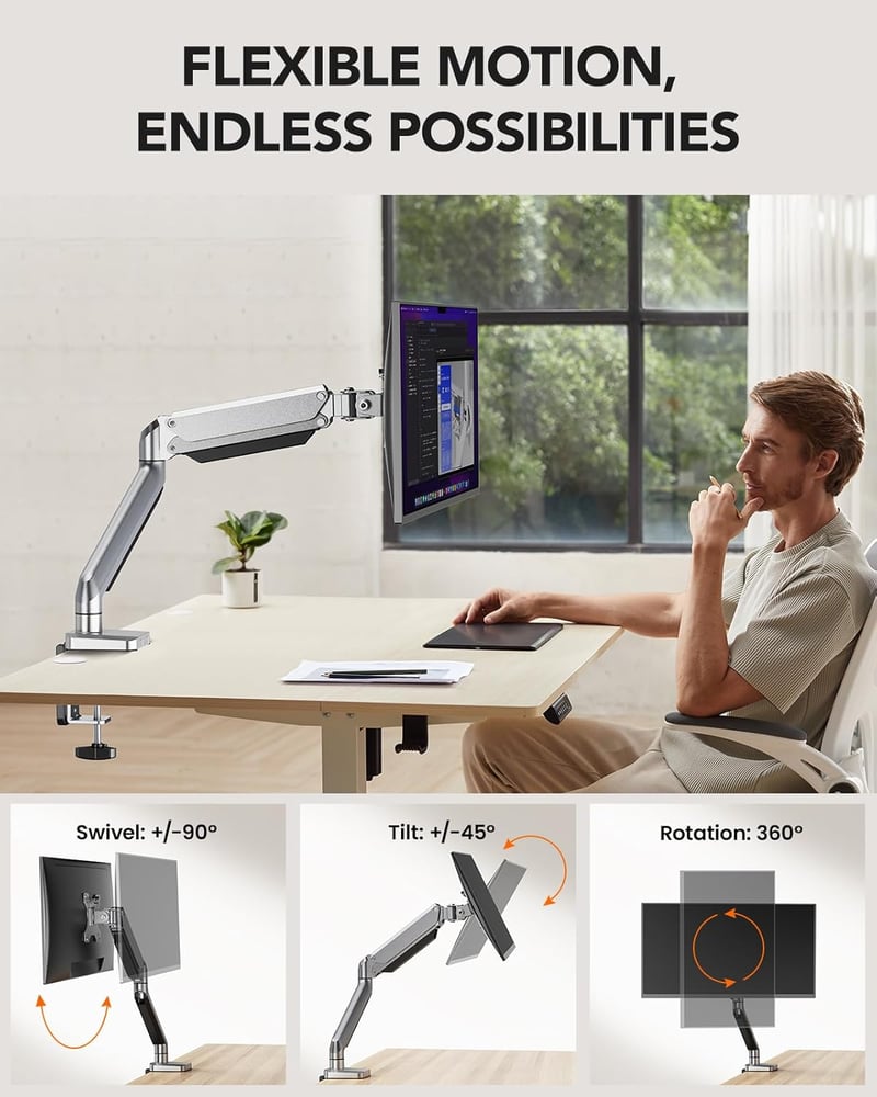 ErGear Monitortartó Kar 13-32" Képernyőkhöz - Gázrugós, 8kg Teherbírású, Dönthető, Forgatható, Ergonomikus VESA 75/100 Állvány, Ezüst
