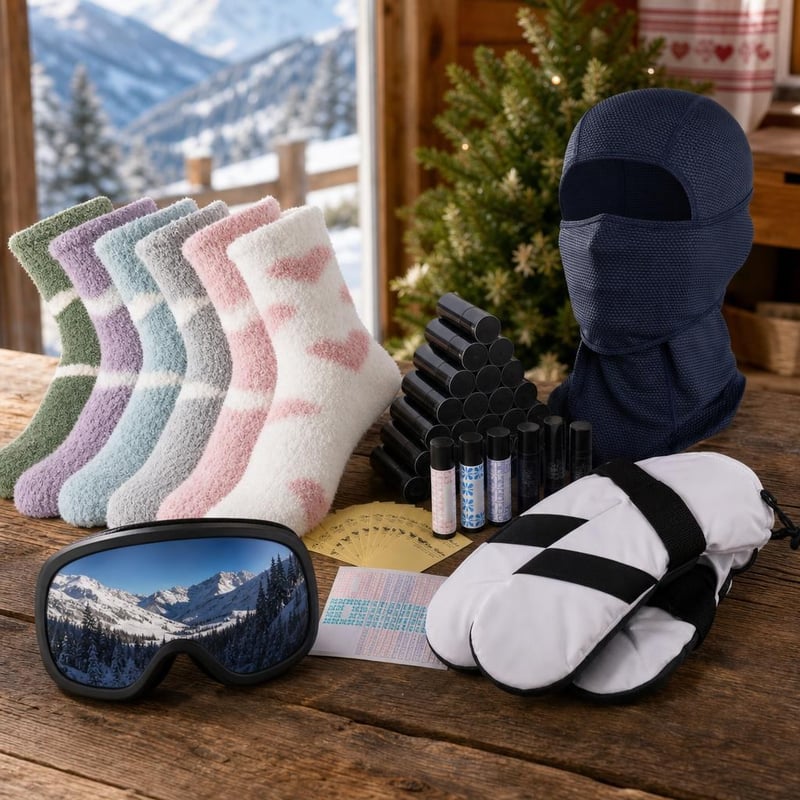 Obiteljski ski paket: 1x naočale + 1x rukavice + 6 pari čarapa + 1x maska + 50x tubica za balzam