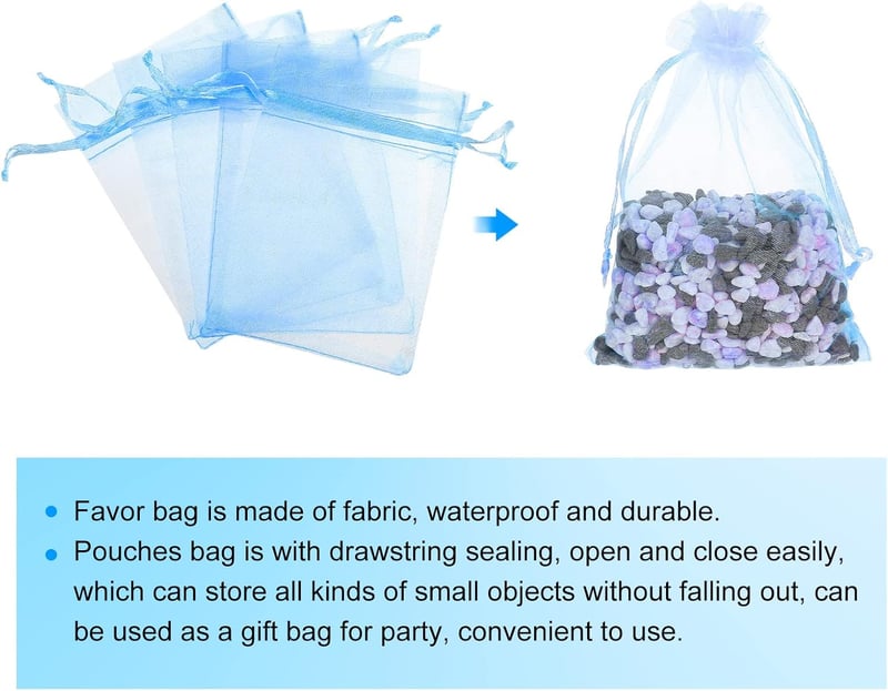 Organza ajándéktasak, 50db, égkék, 11x16cm, esküvőre, partira