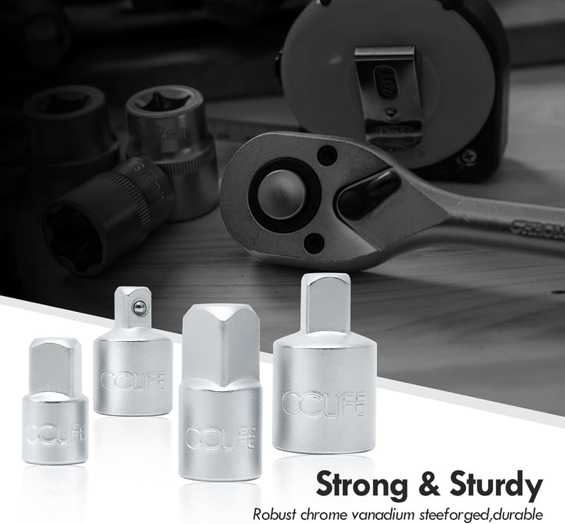 CCLIFE 4 részes dugókulcs adapter készlet - 1/2", 3/8", 1/4" méretű racsnikhoz - króm-vanádium acél - autószereléshez, barkácsoláshoz