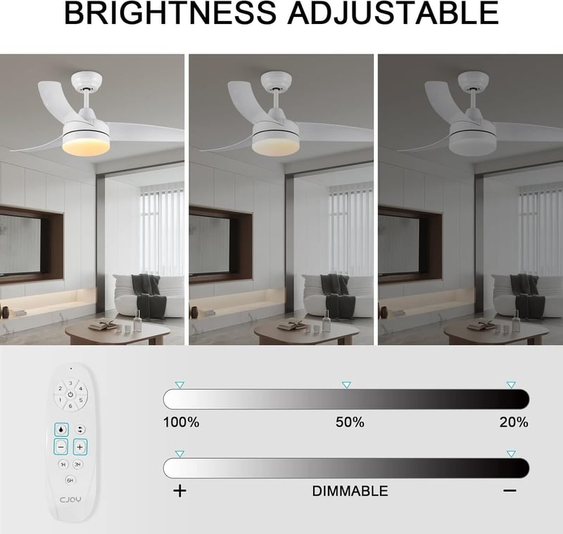 CJOY 132 cm-es Mennyezeti Ventilátor Világítással - Fehér, Csendes DC Motor, Távirányítós, Fényerőszabályzós, 6 Sebességes, Energiatakarékos