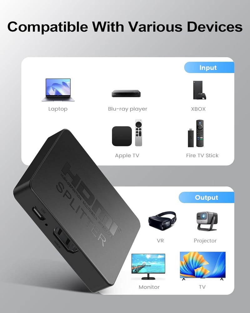 NEWCARE 4K HDMI Elosztó 1 bemenet 2 kimenet - Egyidejű képmegjelenítés Full HD TV-hez, Blu-Ray, DVD, Fire Stick eszközökhöz