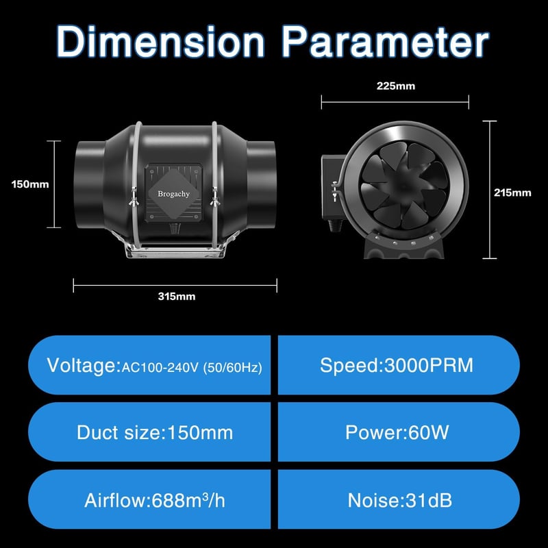 Brogachy 150 mm Állítható Csőventillátor 689 m³/h, 3000 RPM, EC Motorral - Hűtéshez, Fűtéshez, Grow Sátrakhoz, Hidroponikus Rendszerekhez, O