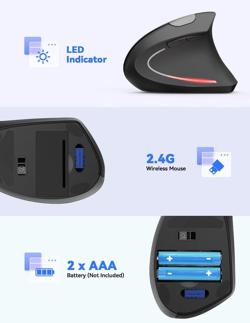 TeckNet ergonomikus függőleges egér, vezeték nélküli, 4800 DPI, 6 gombos, fekete