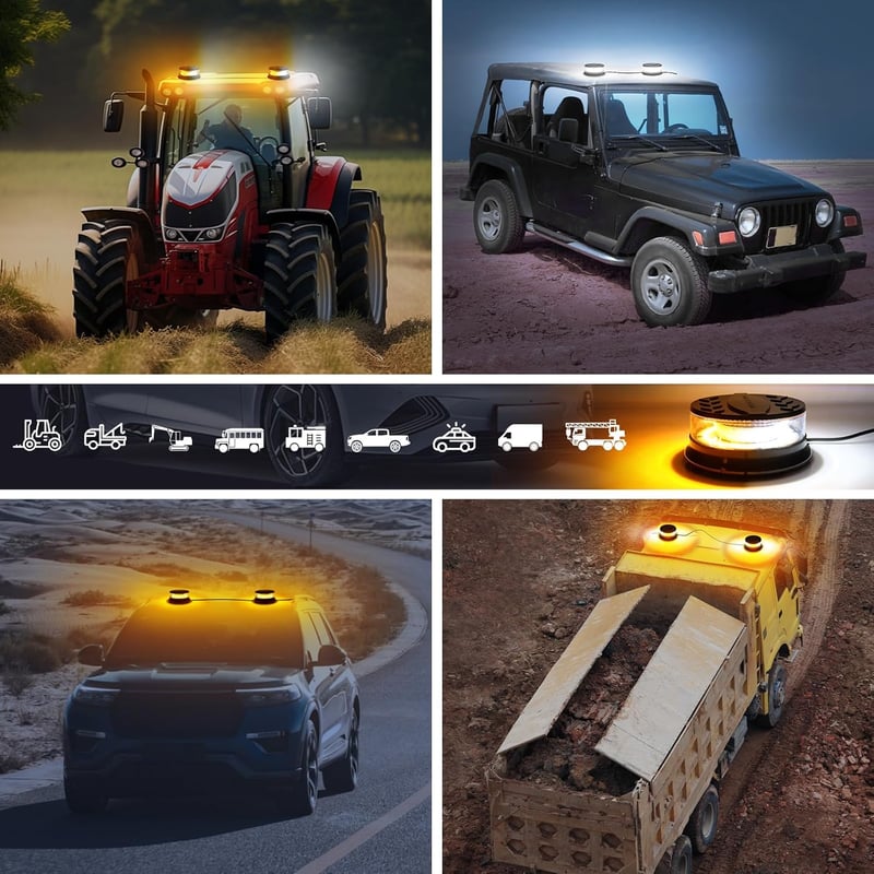 Dinfu LED Forgó Jelzőfény 12V - Mágneses Tetőlámpa 16 Üzemmóddal, 3 Színben, Vízálló, Autó, Traktor, Teherautó, SUV Járművekhez, 3m Kábellel