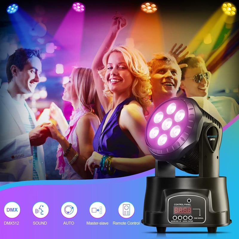 BETOPPER 2db RGBW LED mozgófejes partyfény távirányítóval, DMX és hangvezérléssel