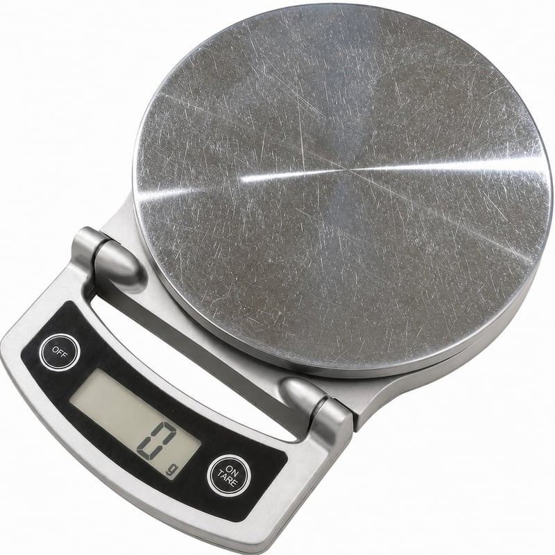 Digitálna kuchynská váha Tanita KD-400, kapacita 5 kg / presnosť 1 g, sklápací displej, strieborná — Silne poškriabaná (stav: pozri 2. obrázok)