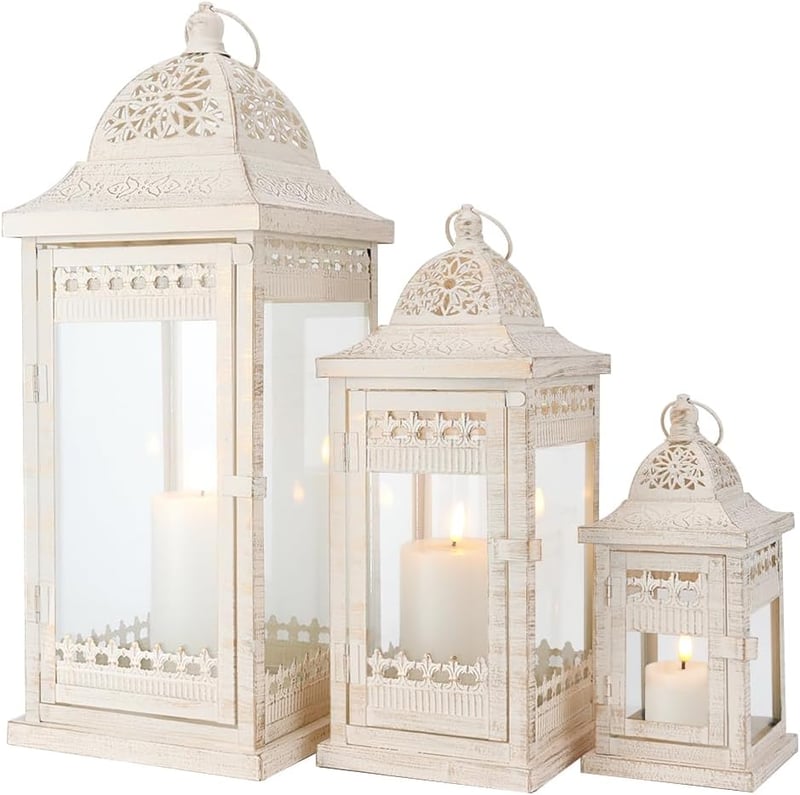 JHY DESIGN 3 db-os Gyertyalámpás Szett - 51/37/24 cm Fém Függő Lámpások Üvegbetéttel - Krémfehér Kerti Gyertyatartó Beltéri/Kültéri Dekoráci