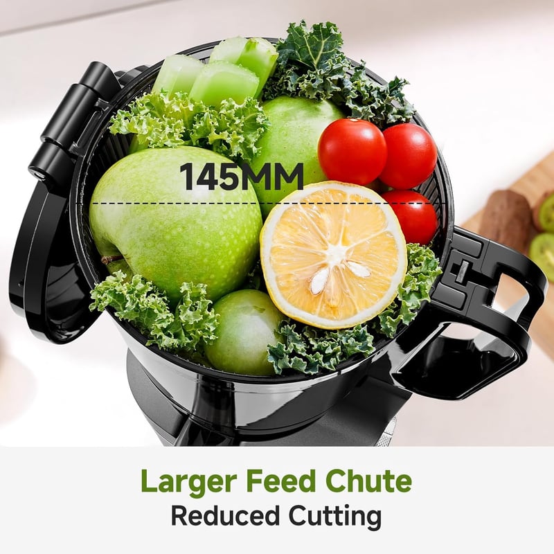AMZCHEF 250W Automata Gyümölcsprés 1,8L Kapacitással - Széles 145mm Adagolónyílás, Hármas Szűrőrendszer, Hidegpréselés, Csendes Motor - Feke
