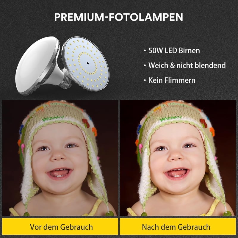 RaLeno Softbox Szett - 50x50cm Fotó Stúdió Világítás, 2db 50W LED Izzóval, 210° Forgatható, 200cm Állvánnyal, Hordtáskával - Fotózáshoz, Vid