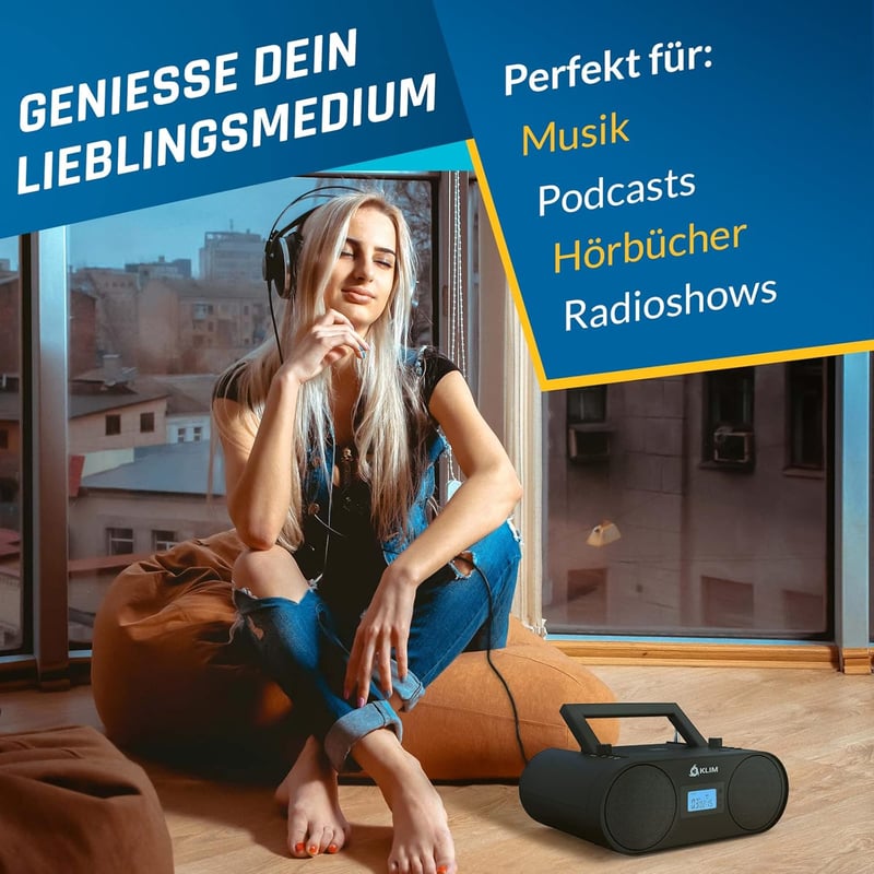 KLIM Boombox B4 Hordozható CD Lejátszó AM/FM Rádióval, Bluetooth, USB, MP3, AUX Funkcióval, Újratölthető Akkumulátorral és Távirányítóval, F