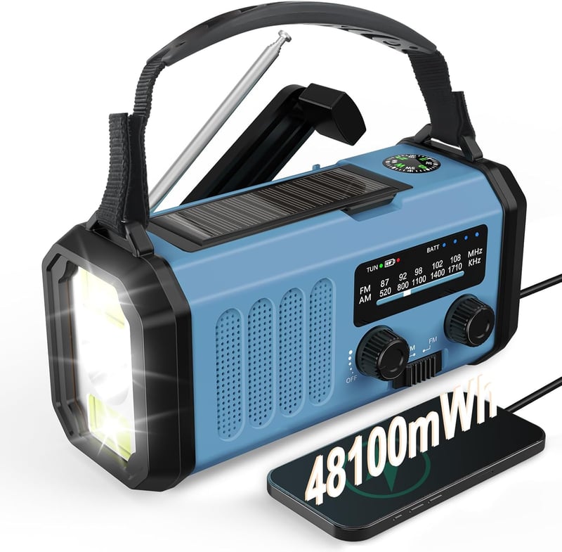 AXYEBI Kézi Hajtású Vészhelyzeti Rádió 13000 mAh Akkumulátorral - AM/FM Vétel, Napelemes Töltés, Zseblámpa, Olvasólámpa, Telefontöltő, Irány