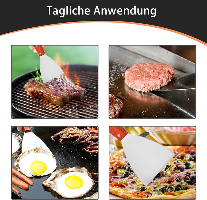Helweet 3 részes Teppanyaki Spatula Készlet - Rozsdamentes Acél Grillező Lapát Fa Nyéllel Sütéshez, BBQ-hoz, Pizzához, Steakhez