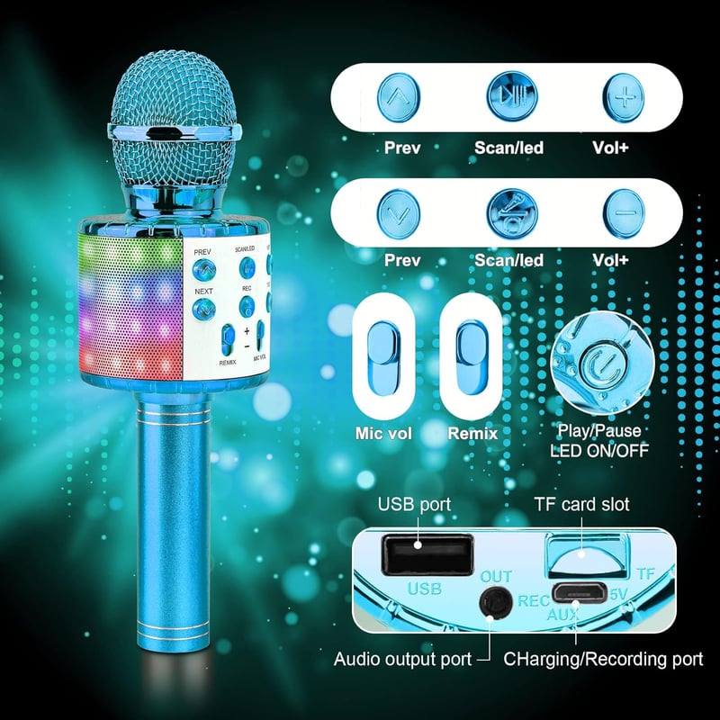 ShinePick Kék Bluetooth Karaoke Mikrofon LED Fénnyel, Hangszóróval - Android/iOS Kompatibilis