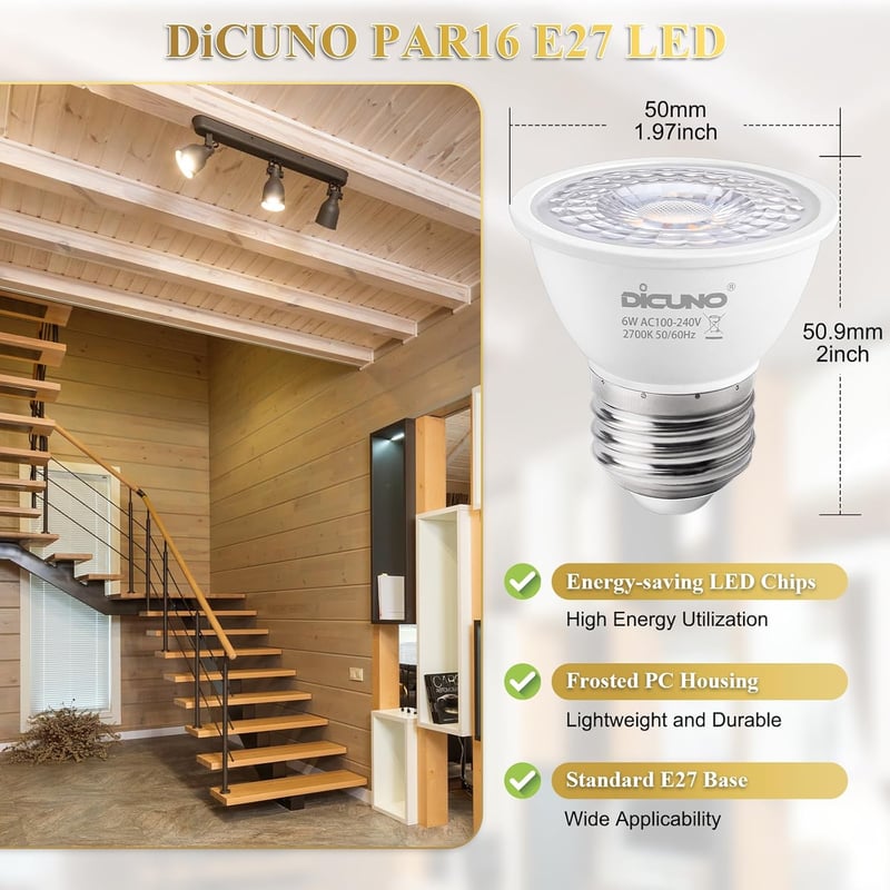 DiCUNO E27 LED Izzó 6W, Meleg Fehér 2700K, 500lm, 60° Szögű MR16 Spotlámpa, 50W Halogén Helyettesítő, PAR16 Rövid Spot, CRI90, Villódzásment