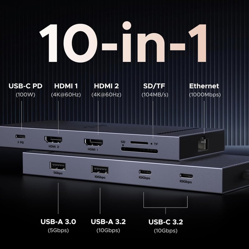 UGREEN Revodok Pro USB C Hub 10Gbps - Kettős 4K@60Hz HDMI, Ethernet, 100W PD Töltés, SD/TF Kártyaolvasó, USB 3.2 Portok, Fekete Dokkoló Állo