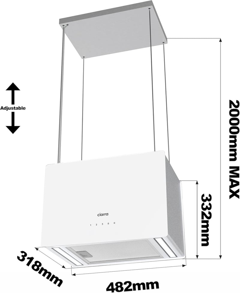 CIARRA CBCS4850 A+++ Sziget Páraelszívó 48 cm 700 m³/h WiFi Vezérléssel, 4 Fokozatú, LED Világítással, Szénszűrős, Rozsdamentes Acél