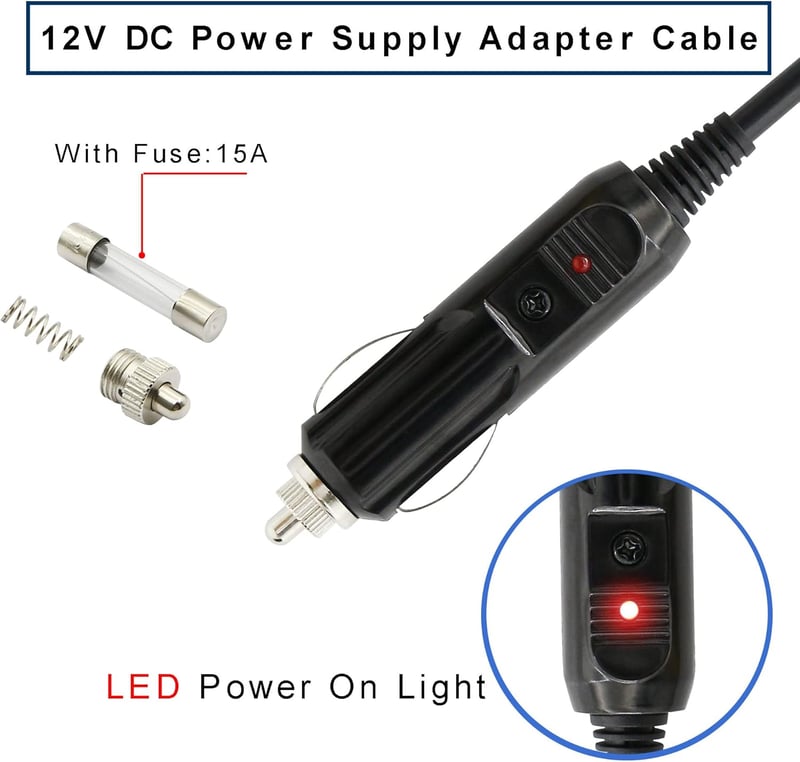 GINTOOYUN Autós Szivargyújtó - DC 7.9x0.9mm Adapter Kábel 12V 2A, 1,5m - Kamera, DVR, GPS, Bluetooth Hangszóró Töltő LED Jelzőfénnyel