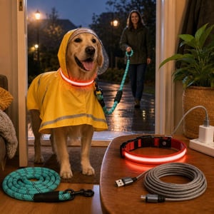 Set za večernje šetnje: 1x povodac + 1x LED ogrlica + 1x kabanica + 1x Micro USB kabel